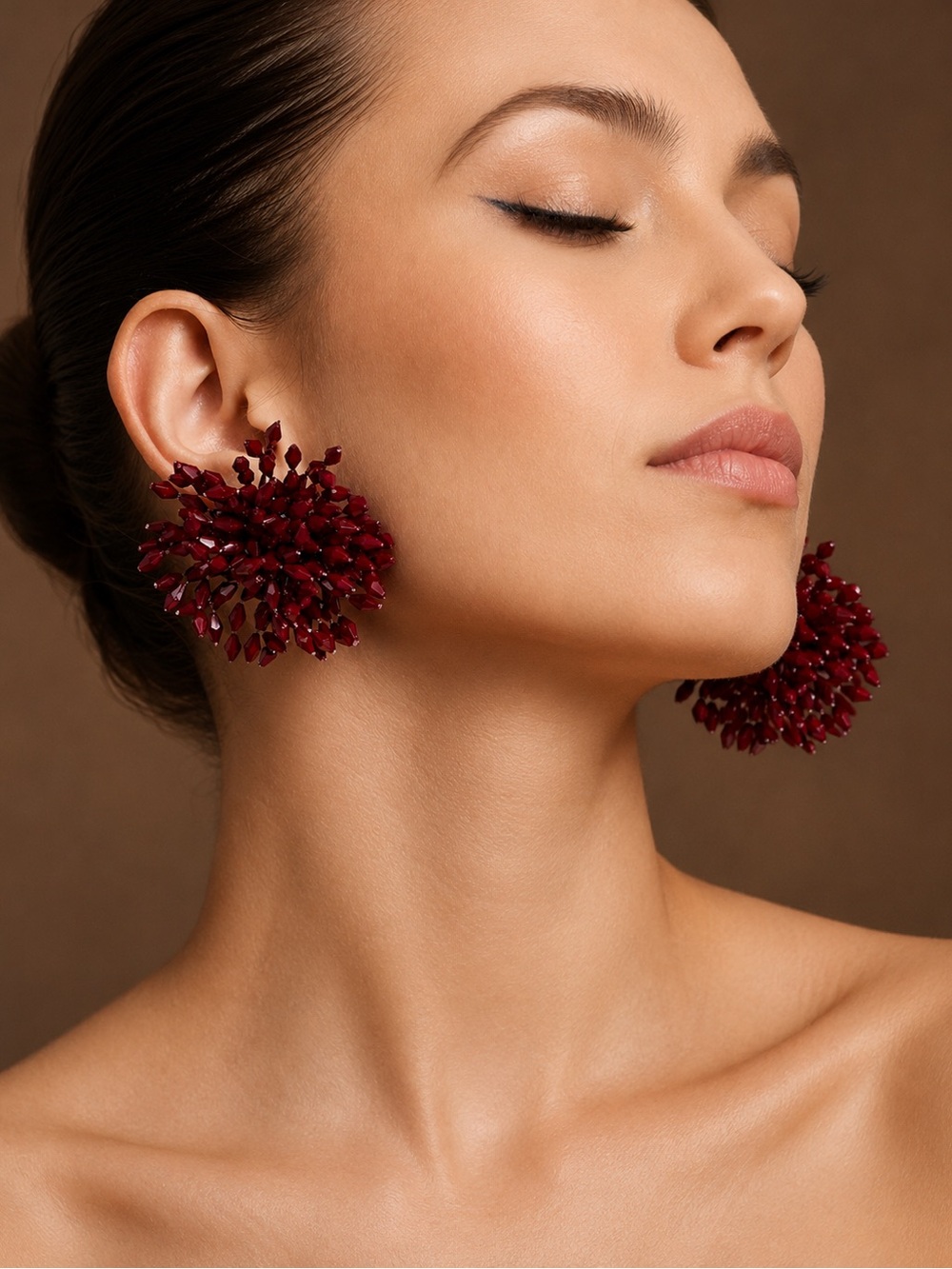 Elegant Burgundy Beaded Statement Earrings Oversized Floral Cluster
